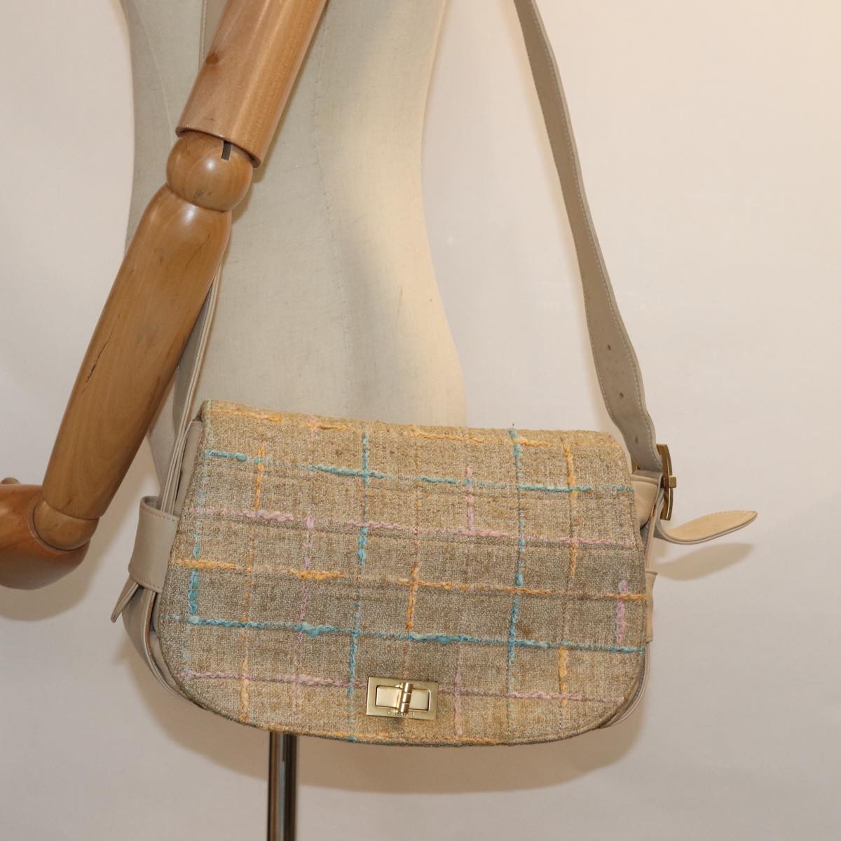CHANEL Choco Bar Turn Lock Shoulder Bag Wool Multicolor CC bs15780