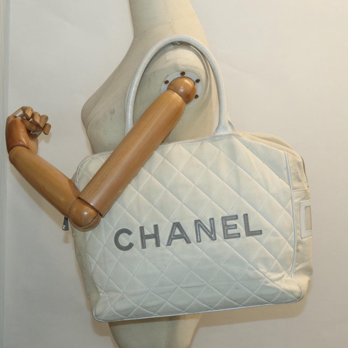 CHANEL Hand Bag Canvas White Silver CC bs16919