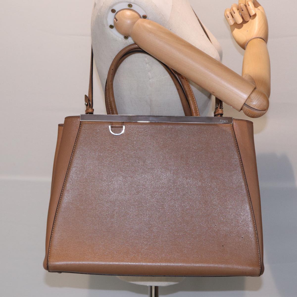 FENDI Hand Bag Leather 2way Beige Silver bs16933