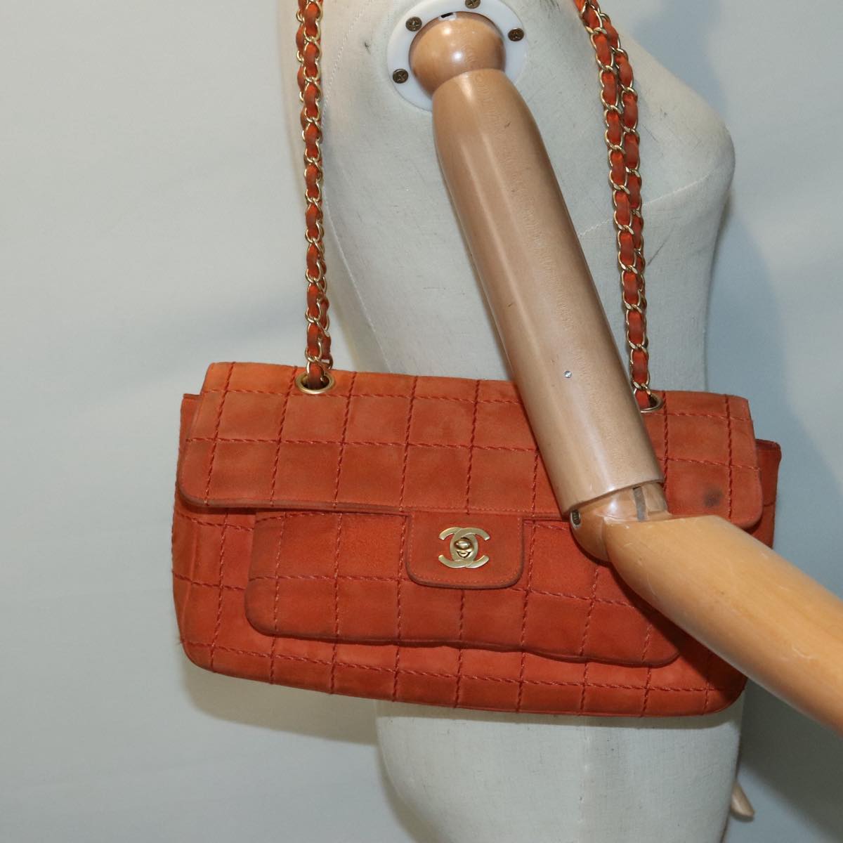 CHANEL Choco Bar Chain Shoulder Bag Suede Gold Orange CC bs18325