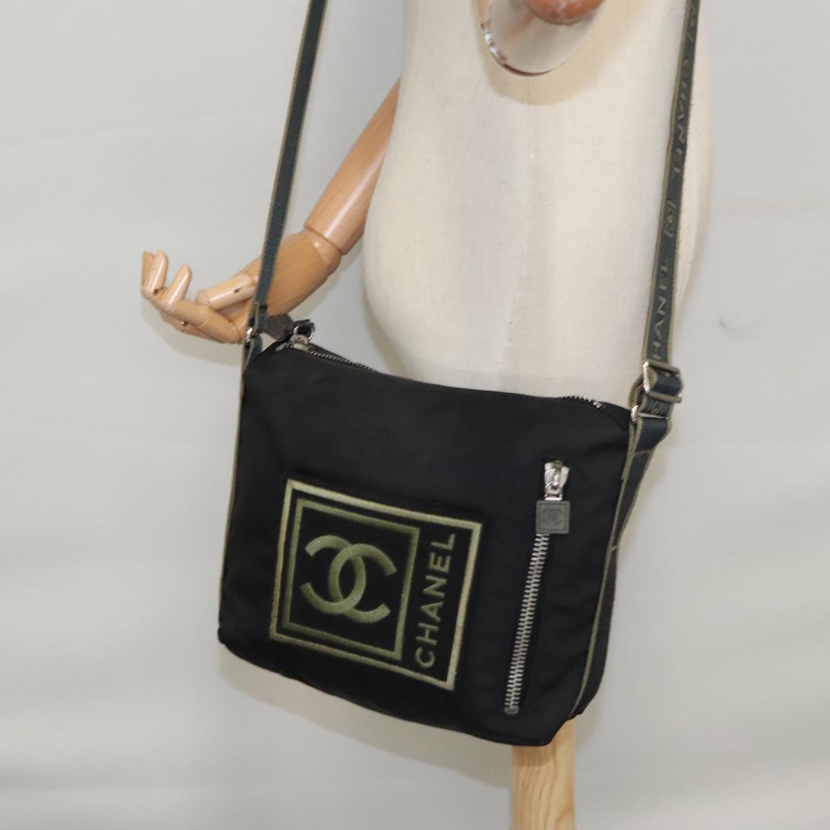 CHANEL Sports Shoulder Bag Nylon Black Khaki Silver CC bs20802