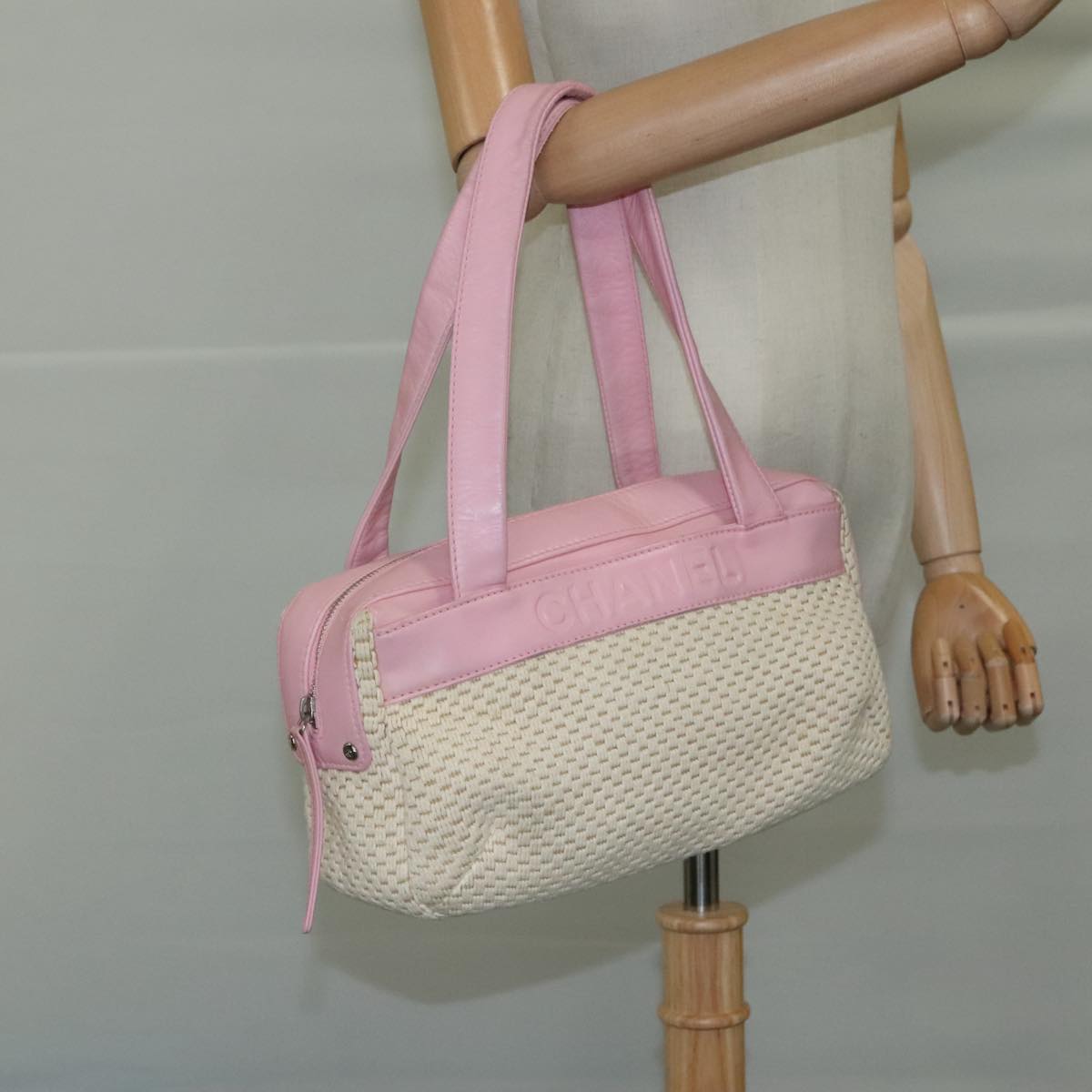 CHANEL Hand Bag Cotton Leather Pink Beige Silver CC bs20916