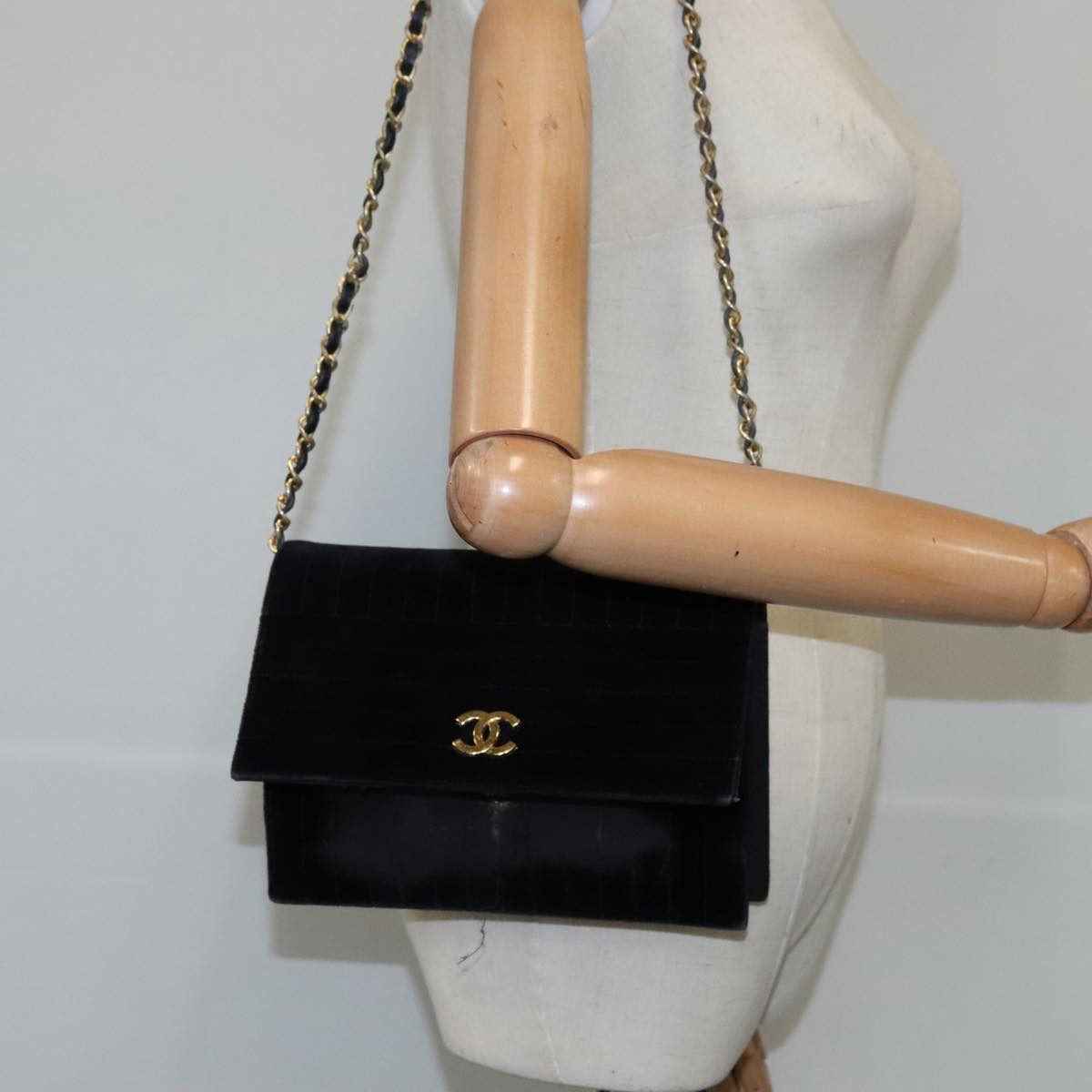 CHANEL Mademoiselle Chain Shoulder Bag Velor Black CC bs20974