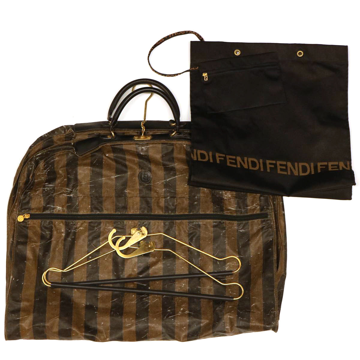 FENDI Pecan Canvas Hand Bag Garment Cover Nylon 2Set Brown Black bs6470