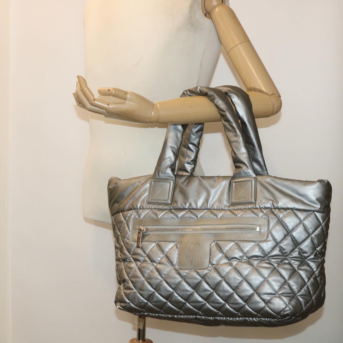 CHANEL Cococoon Hand Bag Nylon Silver CC bs7271