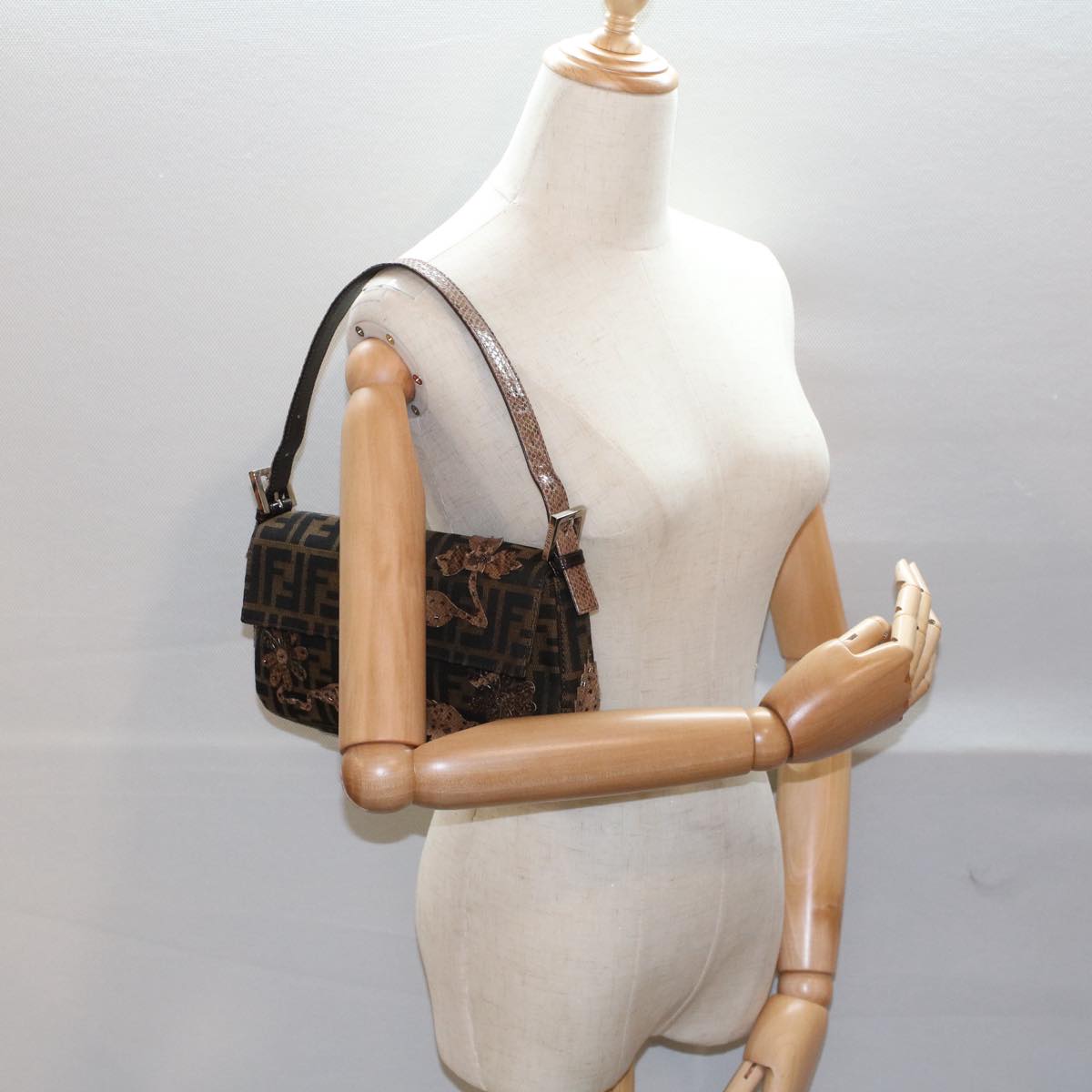 FENDI Zucca Canvas Mamma Baguette Shoulder Bag Black Brown bs7953