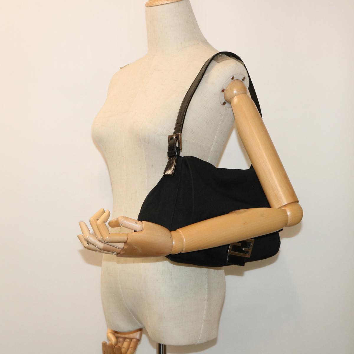 FENDI Mamma Baguette Shoulder Bag Nylon Leather Black bs8028