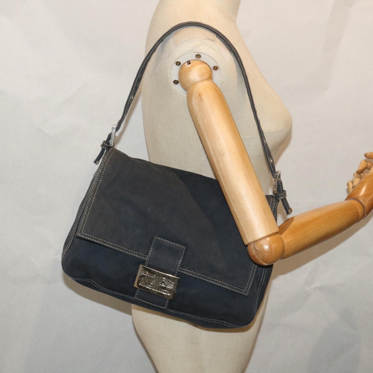 FENDI Mamma Baguette Shoulder Bag Canvas Navy bs9180