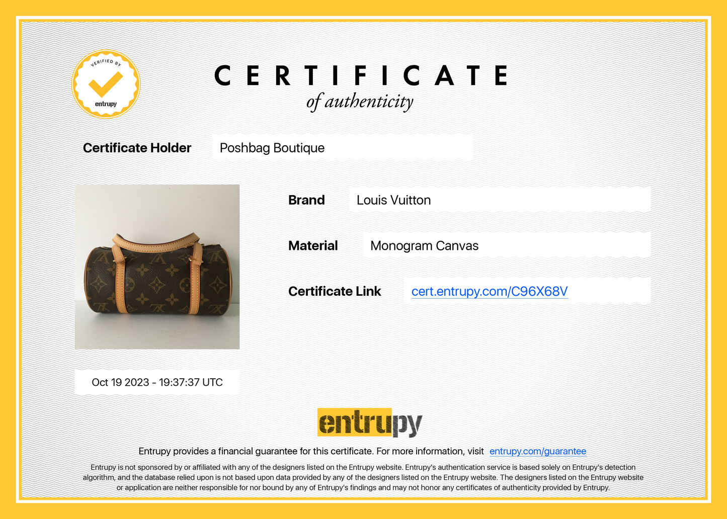 Louis Vuitto Papillon 19 NM Monogram Canvas Bag