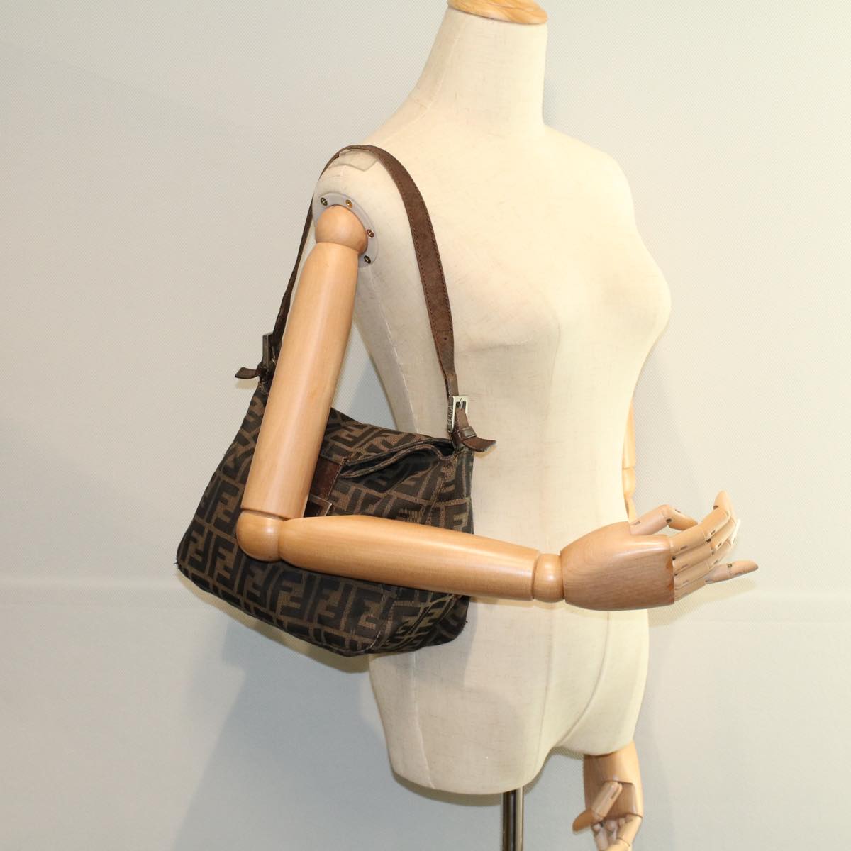 FENDI Zucca Canvas Mamma Baguette Shoulder Bag Black Brown ep2428