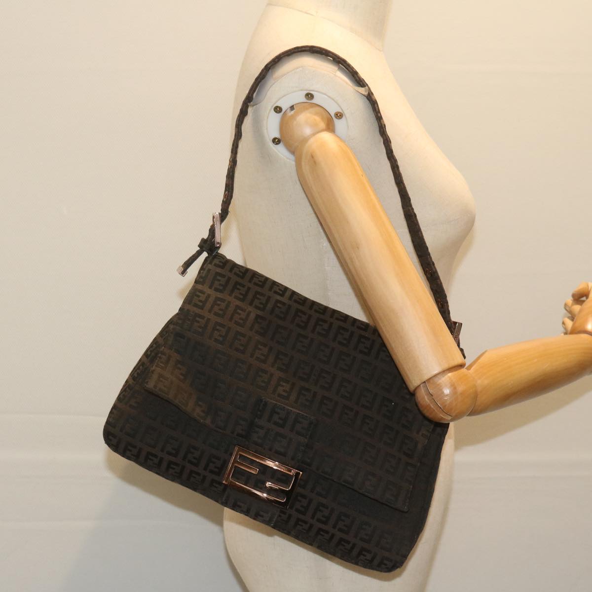 FENDI Zucchino Canvas Mamma Baguette Shoulder Bag Dark Brown ep2515