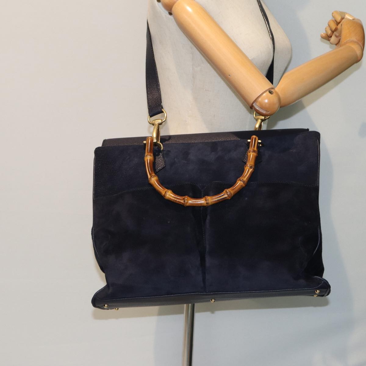 GUCCI Bamboo Hand Bag Suede 2way Navy 002 2855 0322 0 ep4351