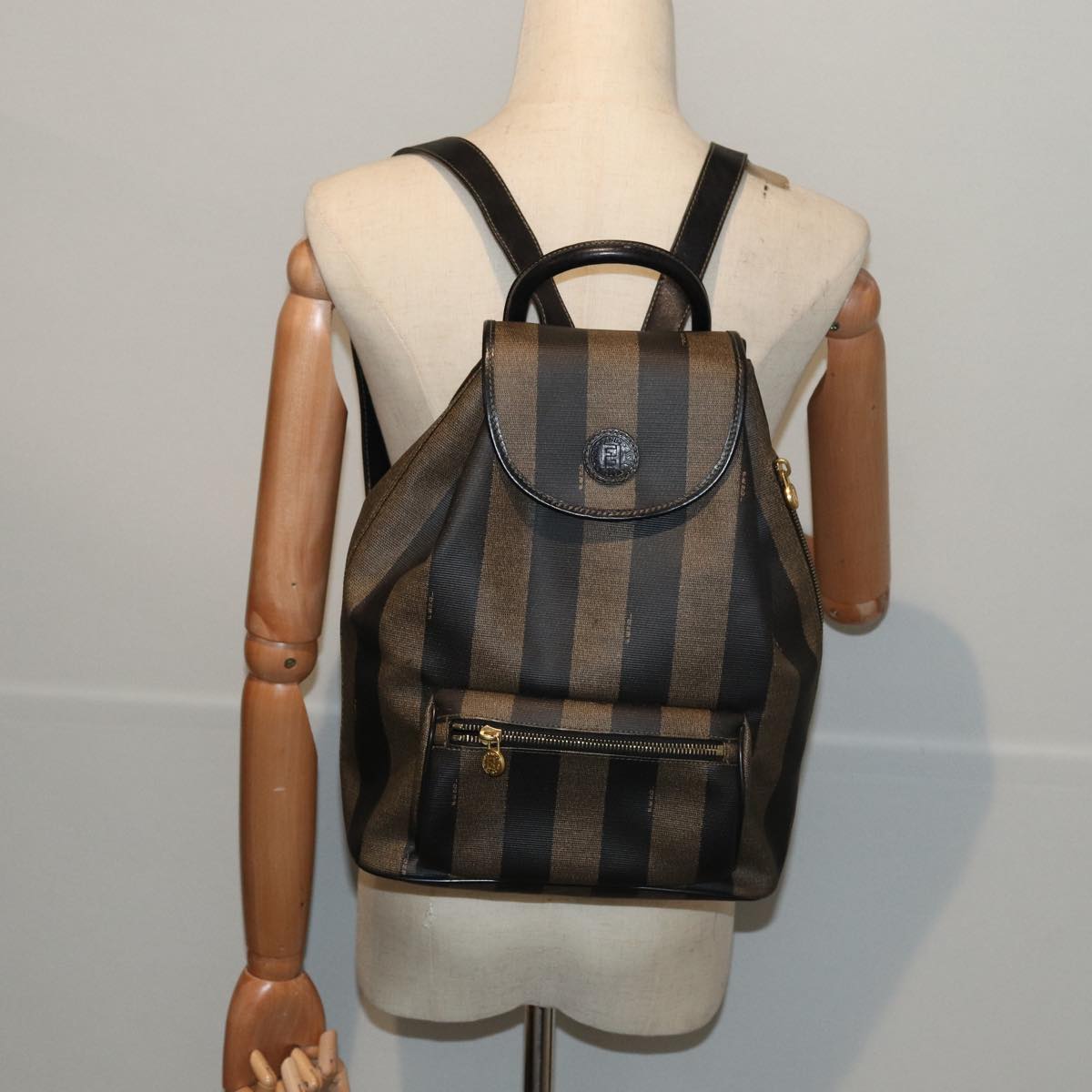 FENDI Pecan Canvas Backpack Brown Black gold ep5348