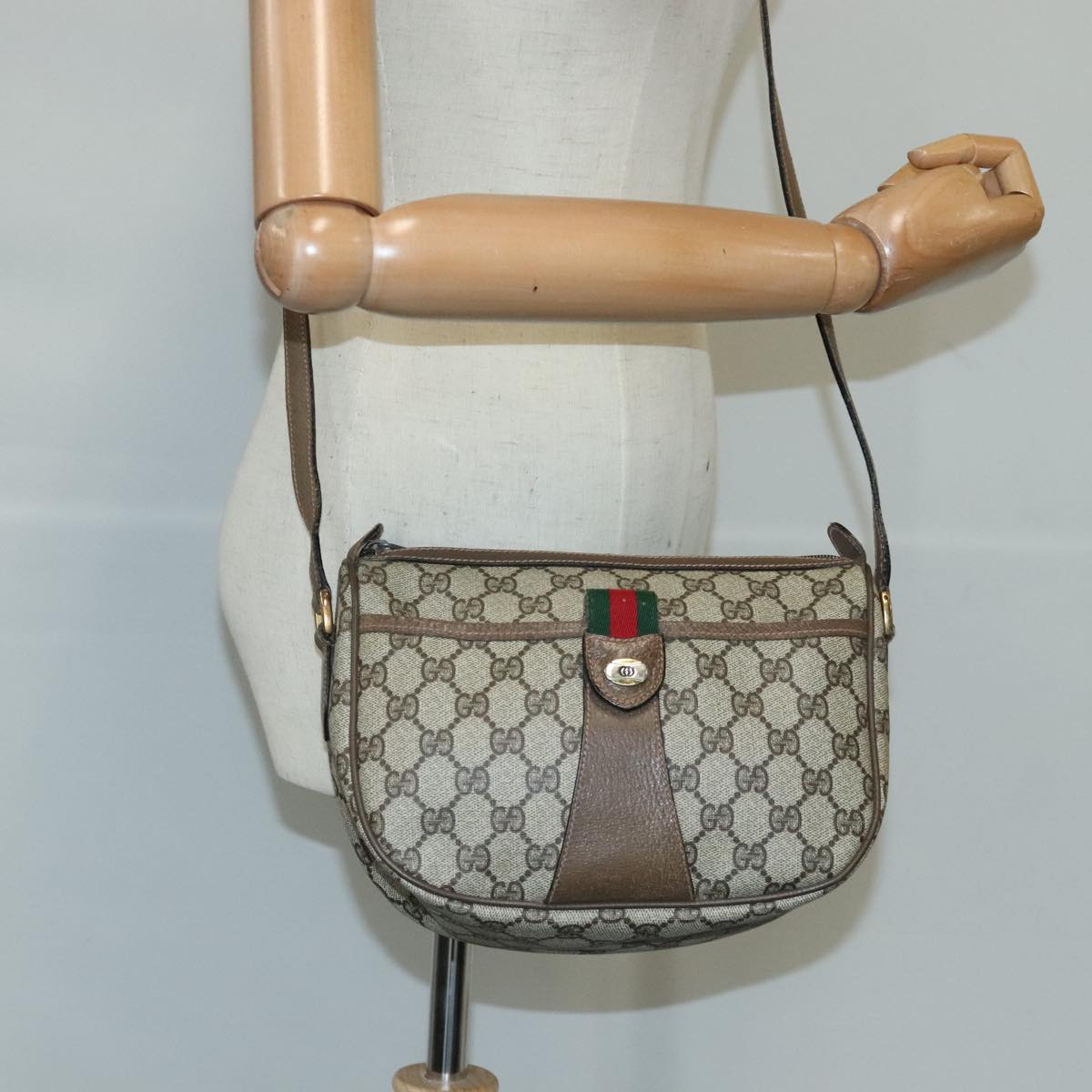 GUCCI GG Supreme Web Sherry Line Shoulder Bag PVC Leather Beige ep6616