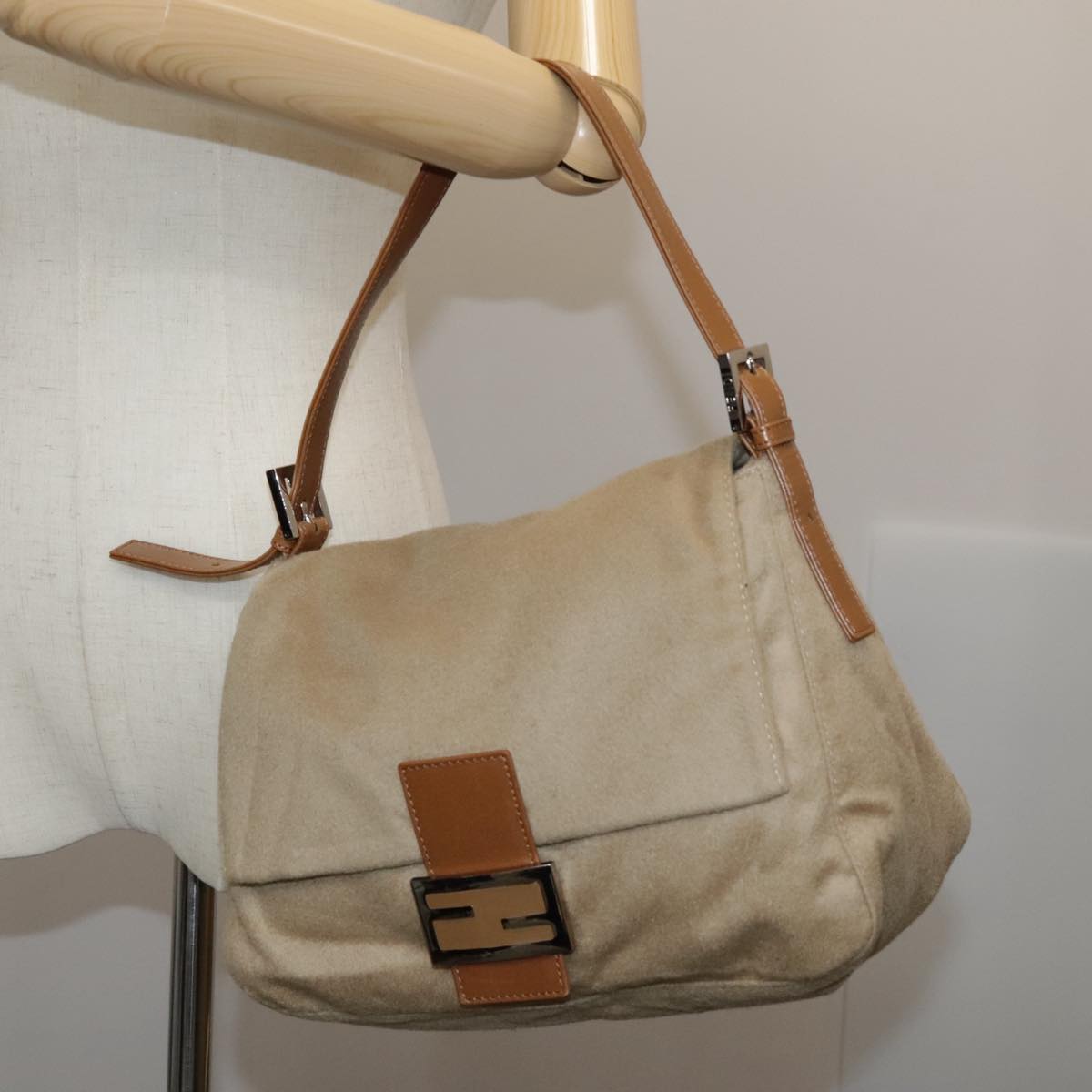 FENDI Mamma Baguette Shoulder Bag Wool Beige Silver ep7141