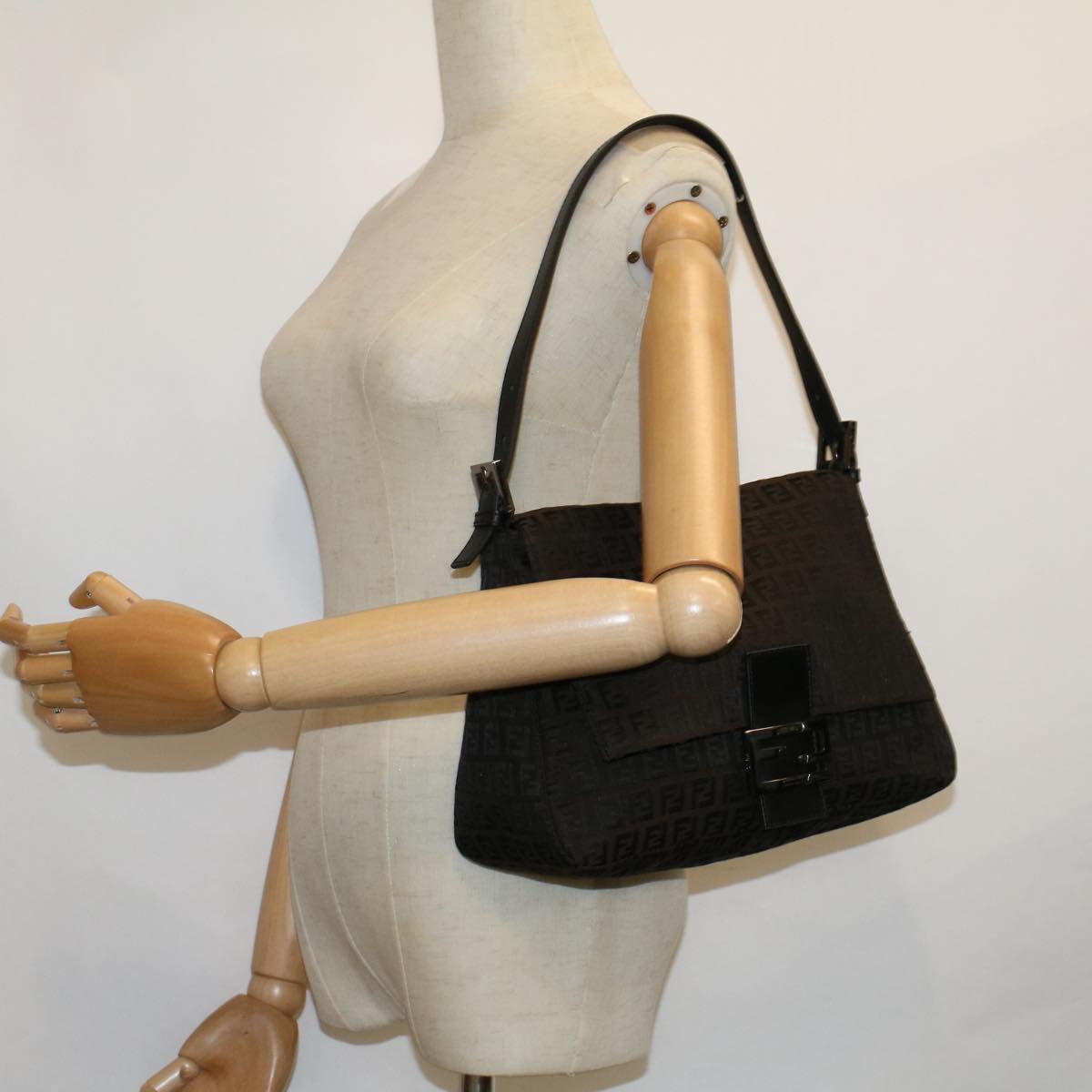 FENDI Zucchino Canvas Shoulder Bag Dark Brown fm2755