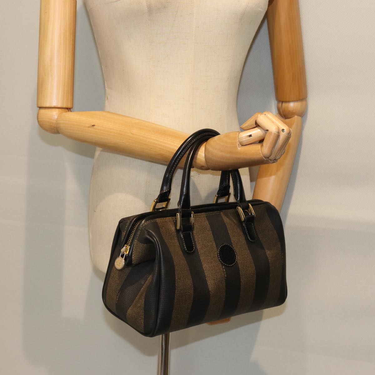 FENDI Pecan Canvas Boston Bag Brown Black hk1305