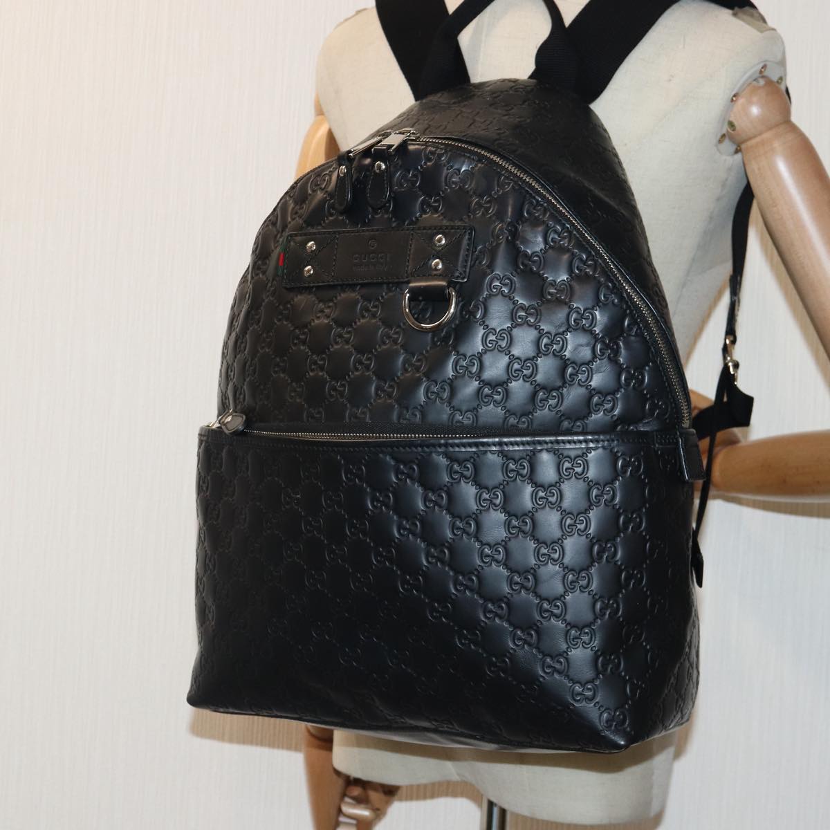 GUCCI GG Canvas Backpack Leather Guccissima Black Silver 268184 hk1636