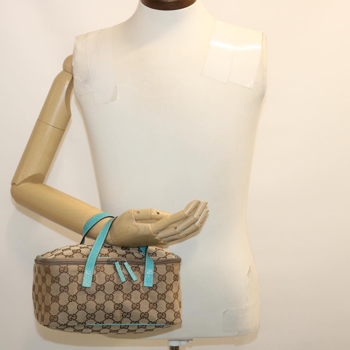 GUCCI GG Canvas Hand Bag Turquoise Blue Brown ki1827