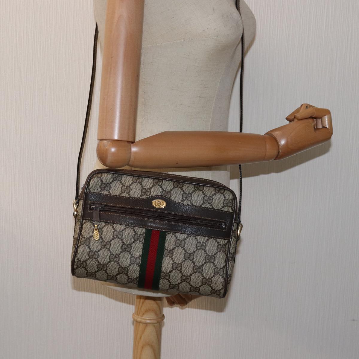 GUCCI GG Supreme Web Sherry Line Shoulder Bag PVC Beige Red Green mr249