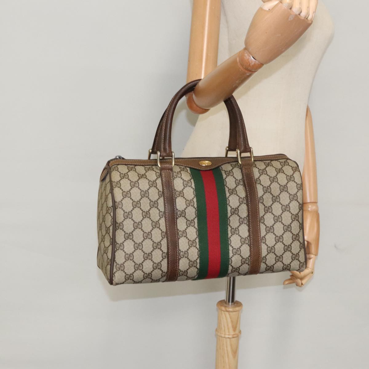 GUCCI GG Supreme Web Sherry Line Boston Bag PVC Beige Red Green mr632