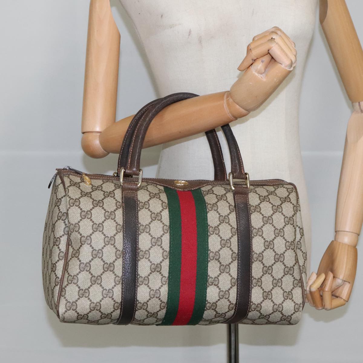 GUCCI GG Supreme Web Sherry Line Boston Bag PVC Beige Red Green mr633