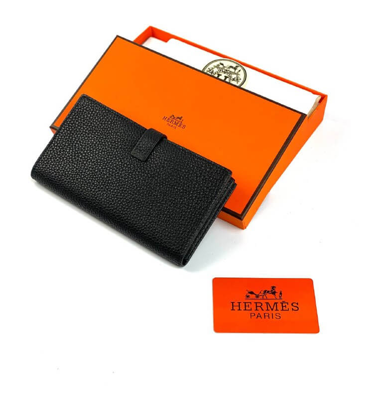Hermès black Bearn Compact Wallet, Epsom Etoupe and Gold Hardware