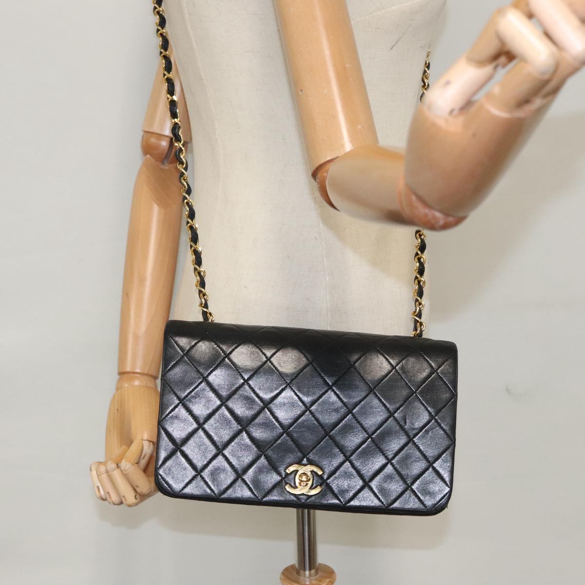 CHANEL Matelasse Chain Shoulder Bag Lamb Skin Black Gold CC PP106A