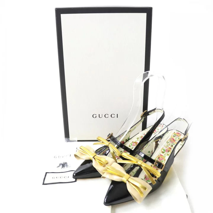 Gucci Black Slingback Heels with Yellow and Beige Bow Detailing Size 35