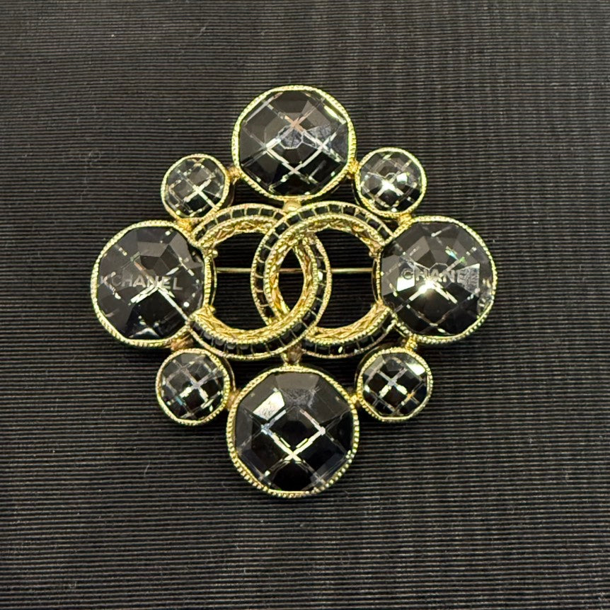 Chanel Coco Black Gold Round Brooch