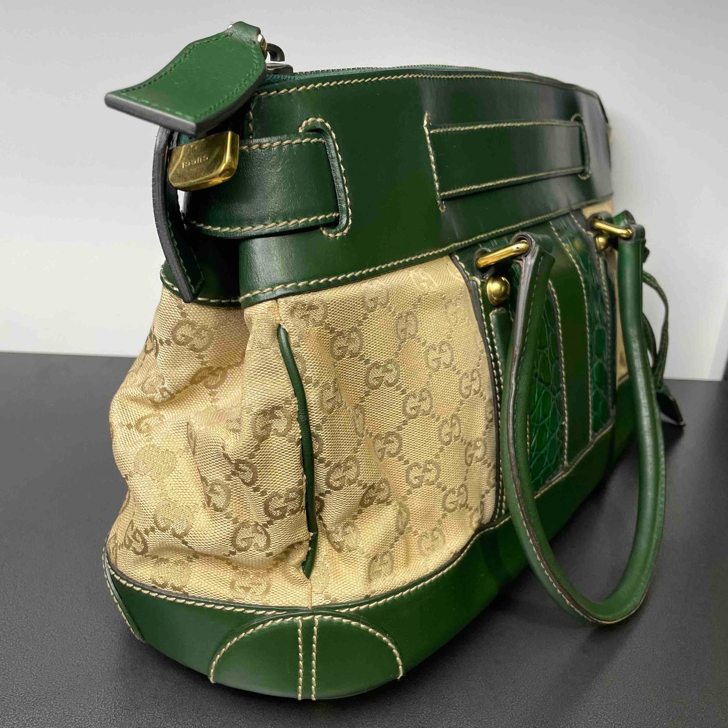 Gucci Heritage Green Canvas and Leather Tote Bag