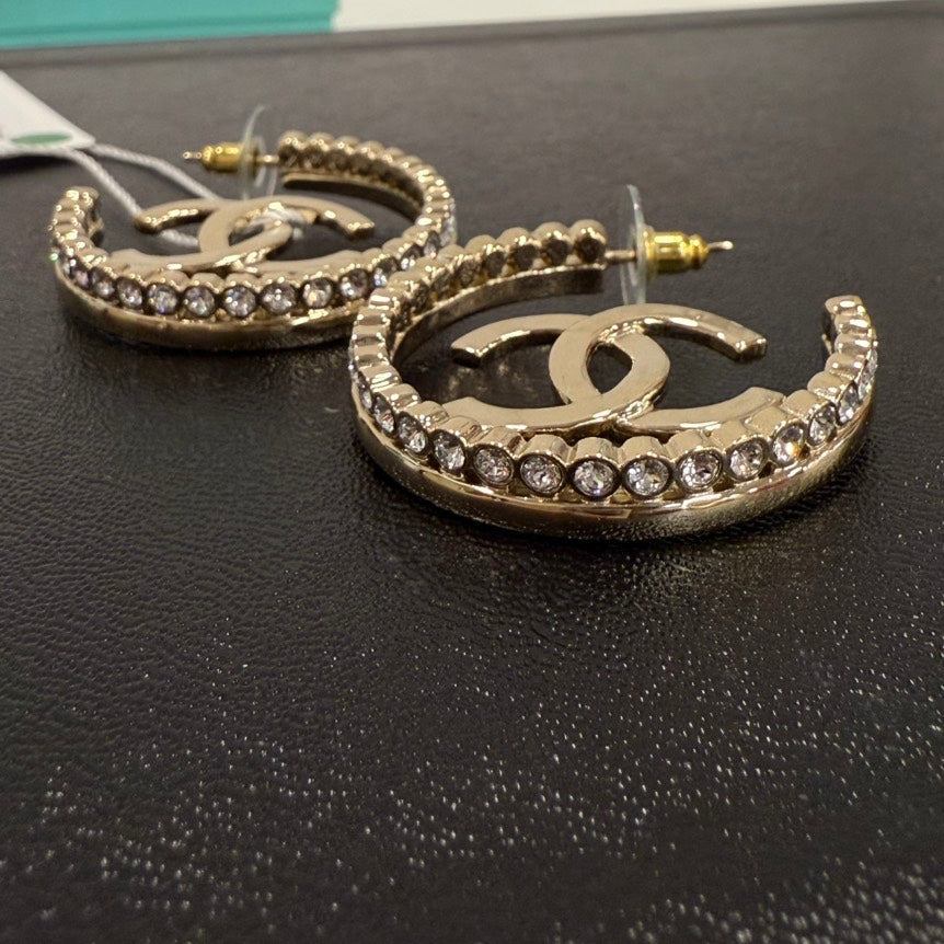 Chanel Gold Rhinestone Hoop Post Earrings