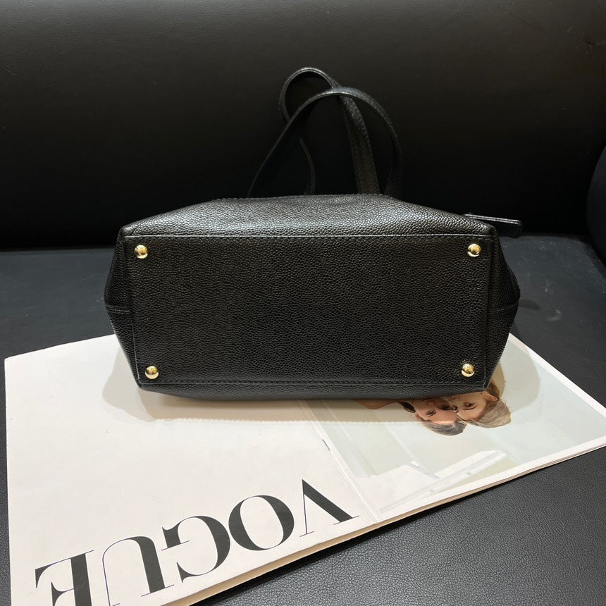 Chanel Black Caviar Drawstring Pear Flower Wood Tote Bag
