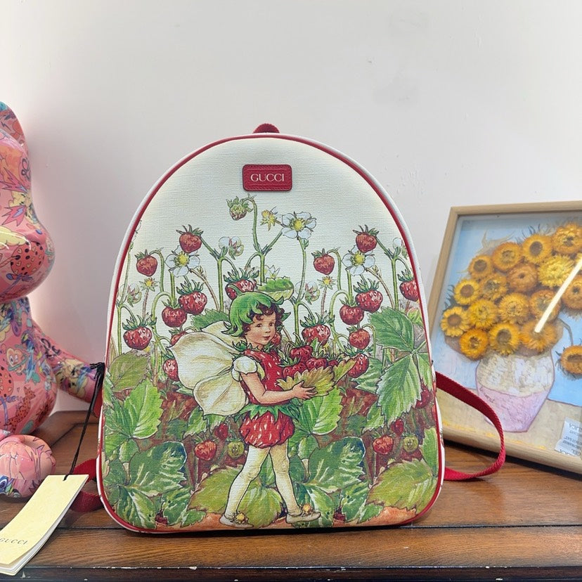 Gucci Strawberry Print Backpack White Canvas
