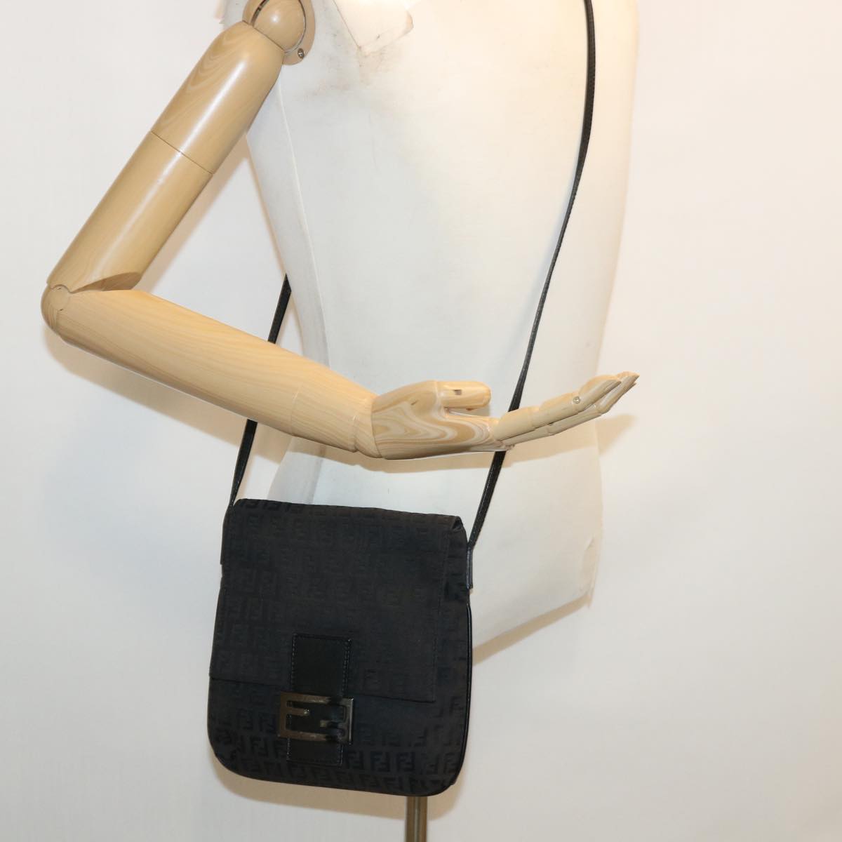 FENDI Zucchino Canvas Mamma Baguette Shoulder Bag Nylon Black rd3006