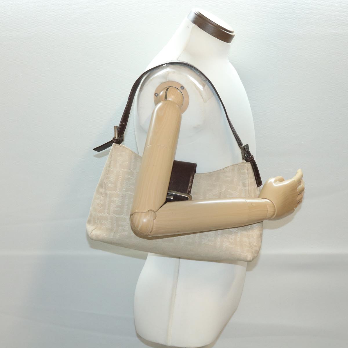 FENDI Zucca Canvas Mamma Baguette Shoulder Bag Beige rd4393