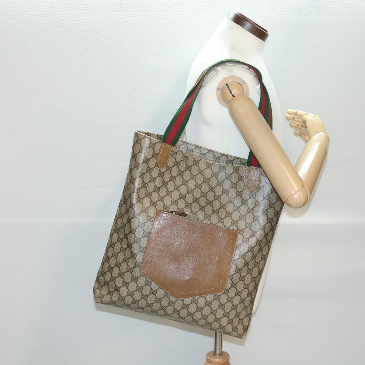GUCCI Web Sherry Line GG Canvas Tote Bag PVC Leather Beige Green Red rd4576