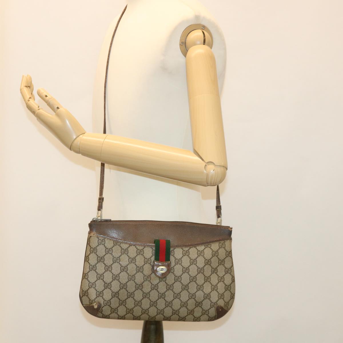 GUCCI GG Canvas Web Sherry Line Shoulder Bag PVC Leather Beige Green rd4793