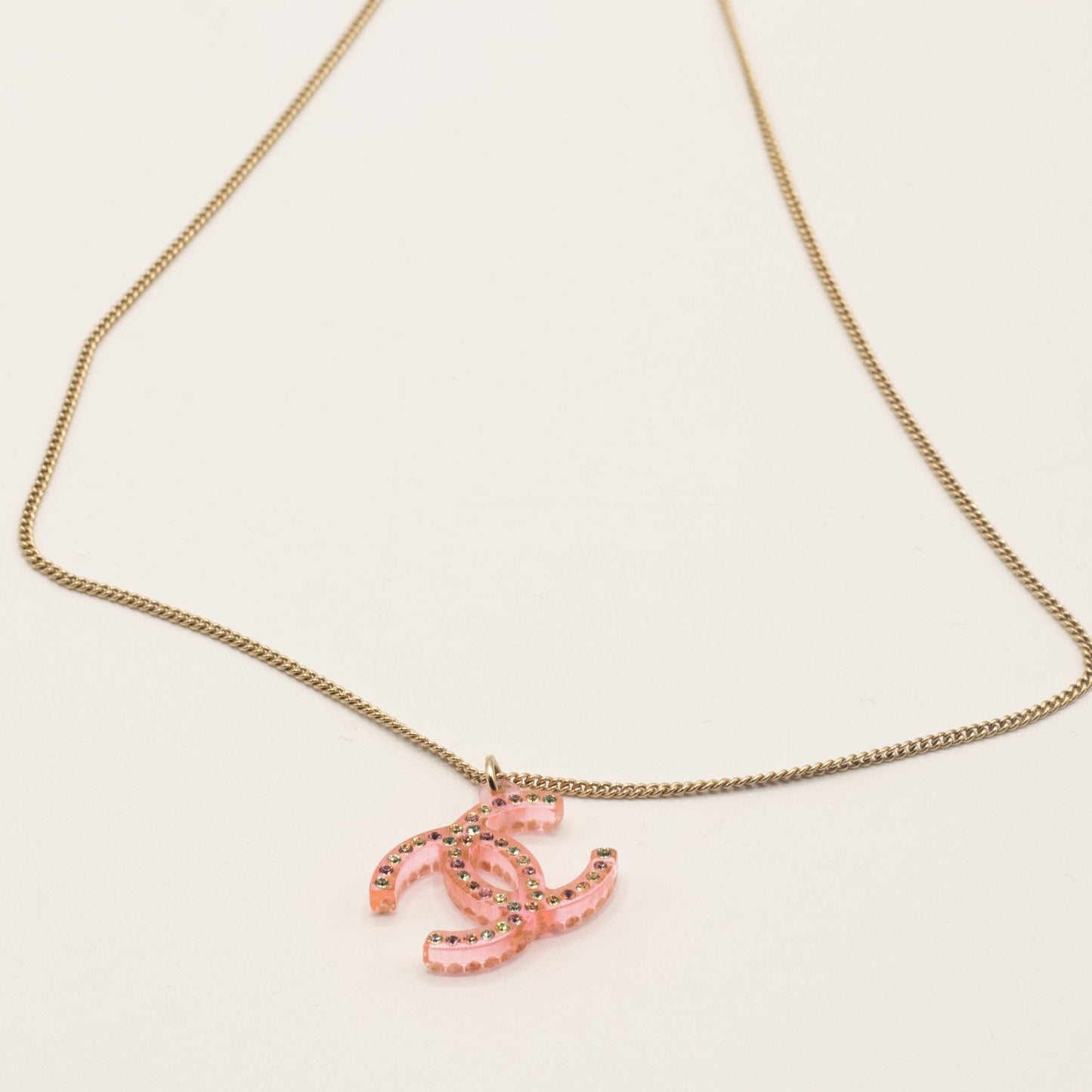 Pendant Chain Necklace Pink Resin Crystal CC Vintage