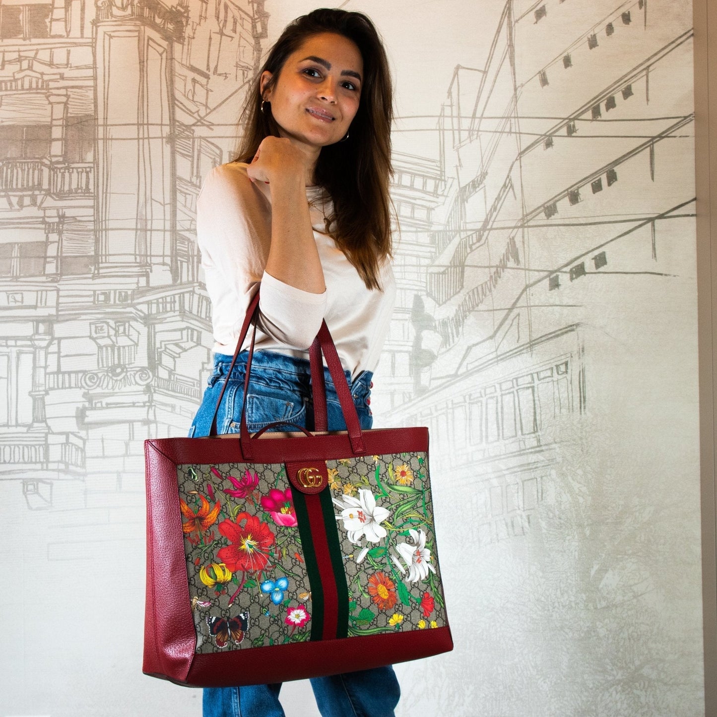 Ophidia GG Flora Shopper Red Large 547947