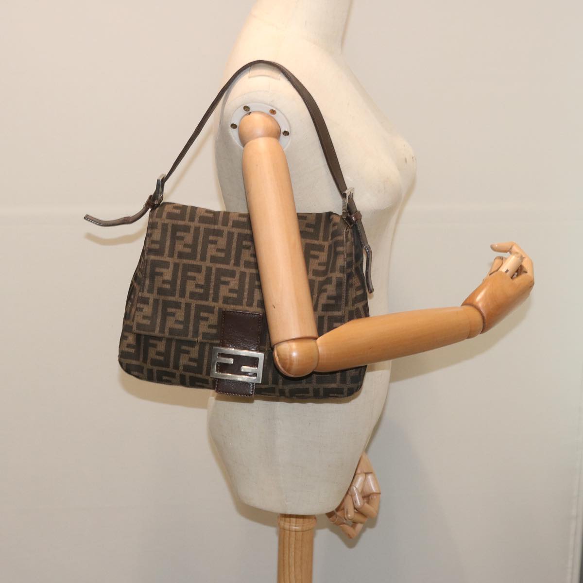 FENDI Zucca Canvas Mamma Baguette Shoulder Bag Black Brown tb1055