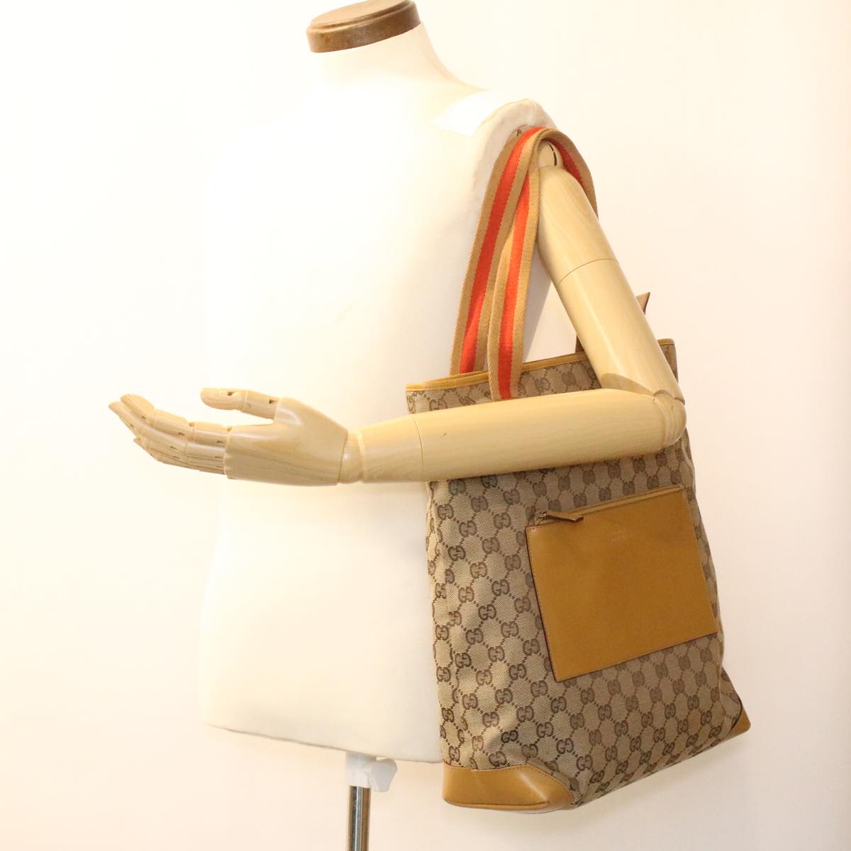GUCCI Sherry Line GG Canvas Tote Bag Beige Red Brown th3191