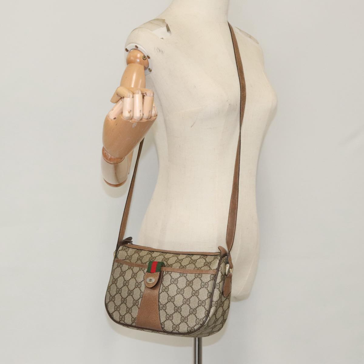 GUCCI GG Supreme Web Sherry Line Shoulder Bag PVC Beige Gold th5387