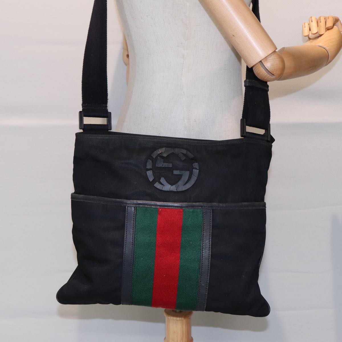 GUCCI Web Sherry Line Shoulder Bag Nylon Black Silver 181067 ti1952