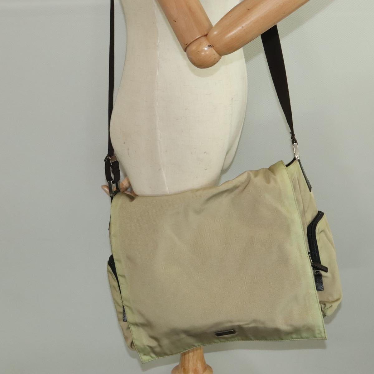 GUCCI Shoulder Bag Nylon Beige Dark Brown Silver 019.0340 ti2214