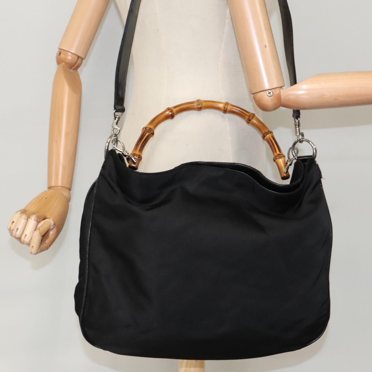 GUCCI Bamboo Hand Bag Nylon 2way Black Silver 001 2058 1577 5 ti2381