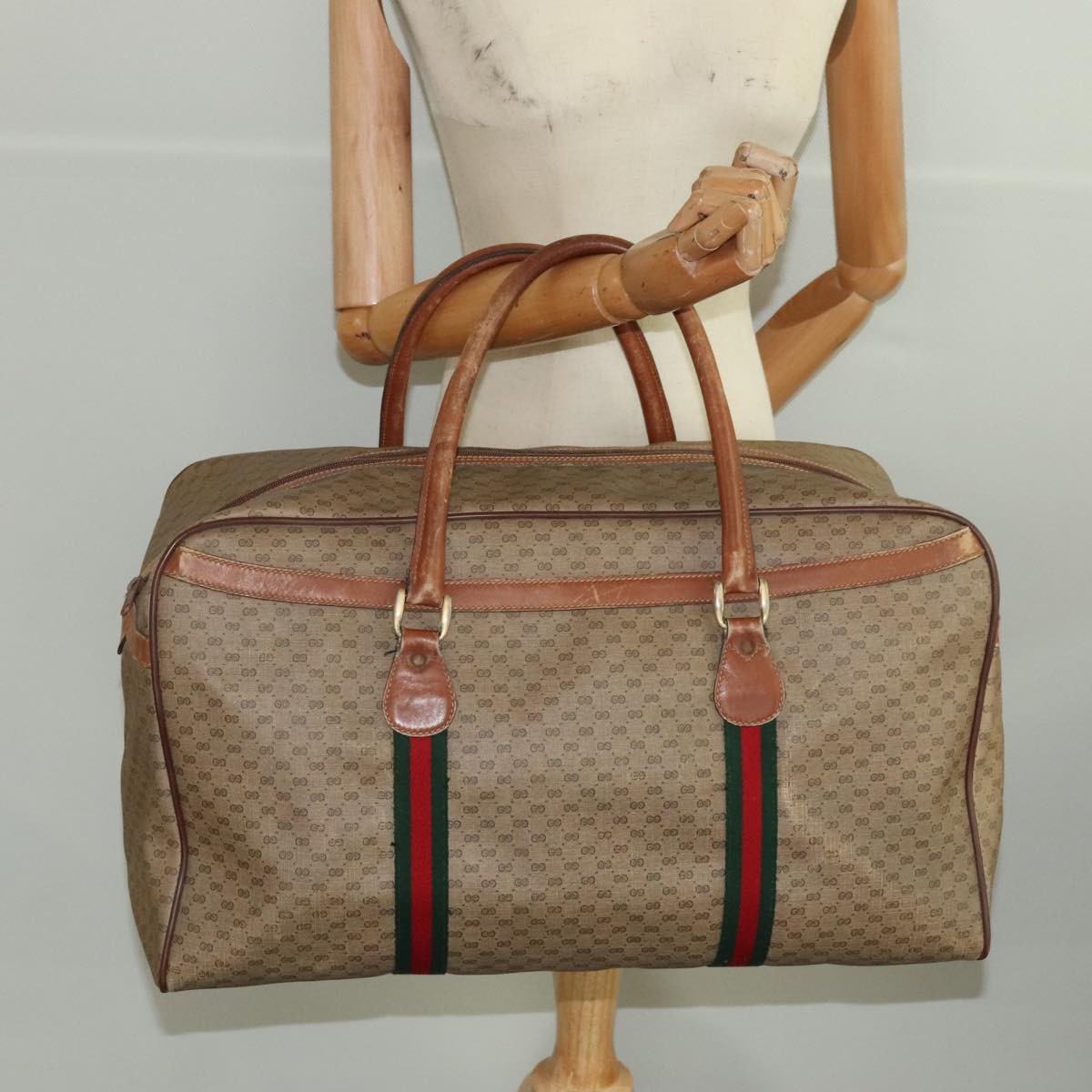 GUCCI Micro GG Canvas Web Sherry Line Boston Bag PVC Beige Gold ti2383
