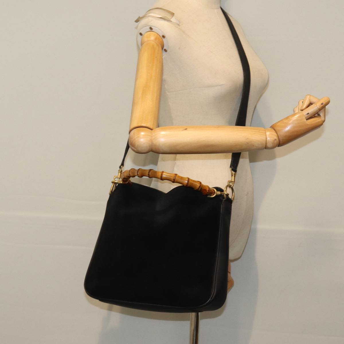 GUCCI Bamboo Hand Bag Suede 2way Black 001 3444 1638 yb601