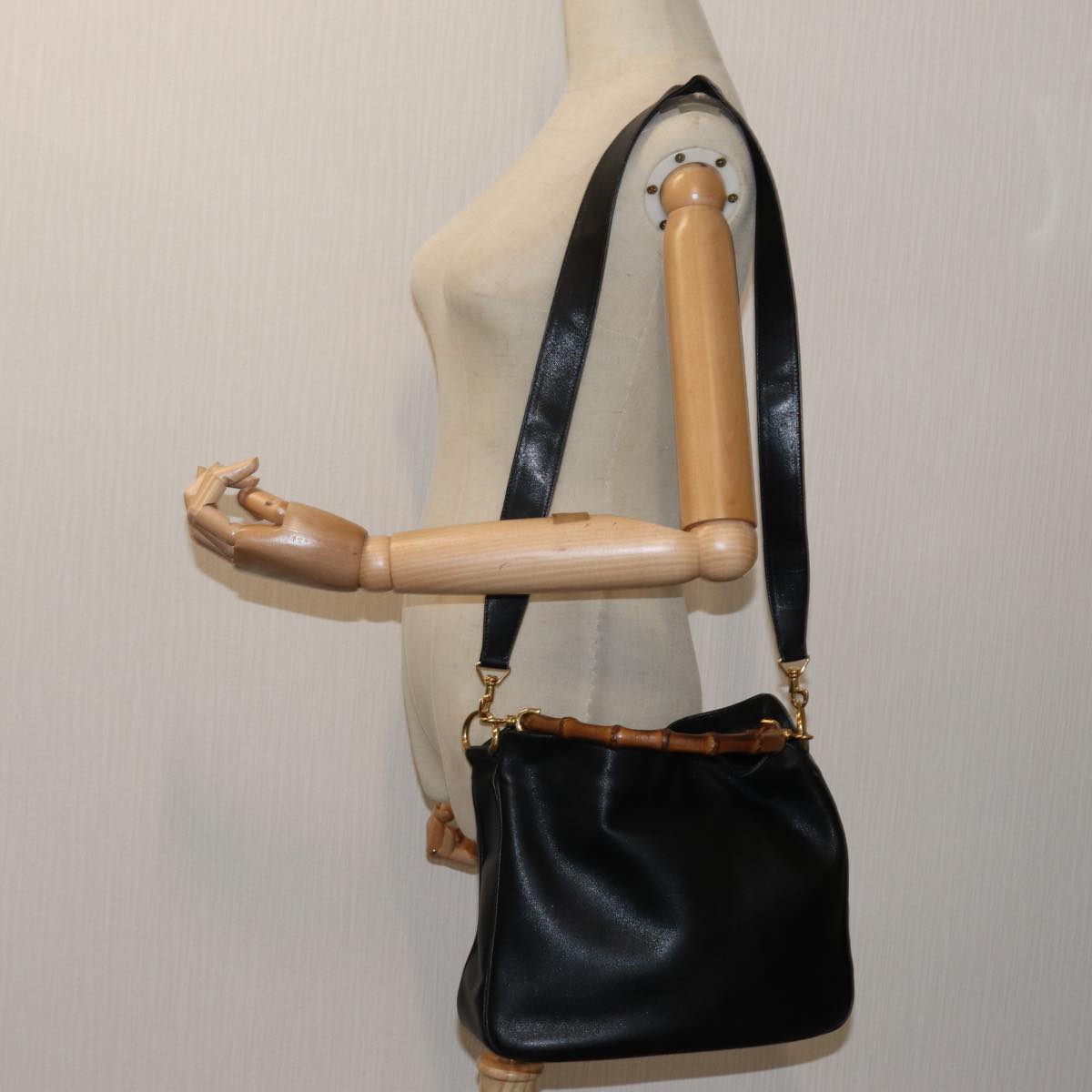 GUCCI Bamboo Hand Bag Leather 2way Black 001 2113 1638 yk11916