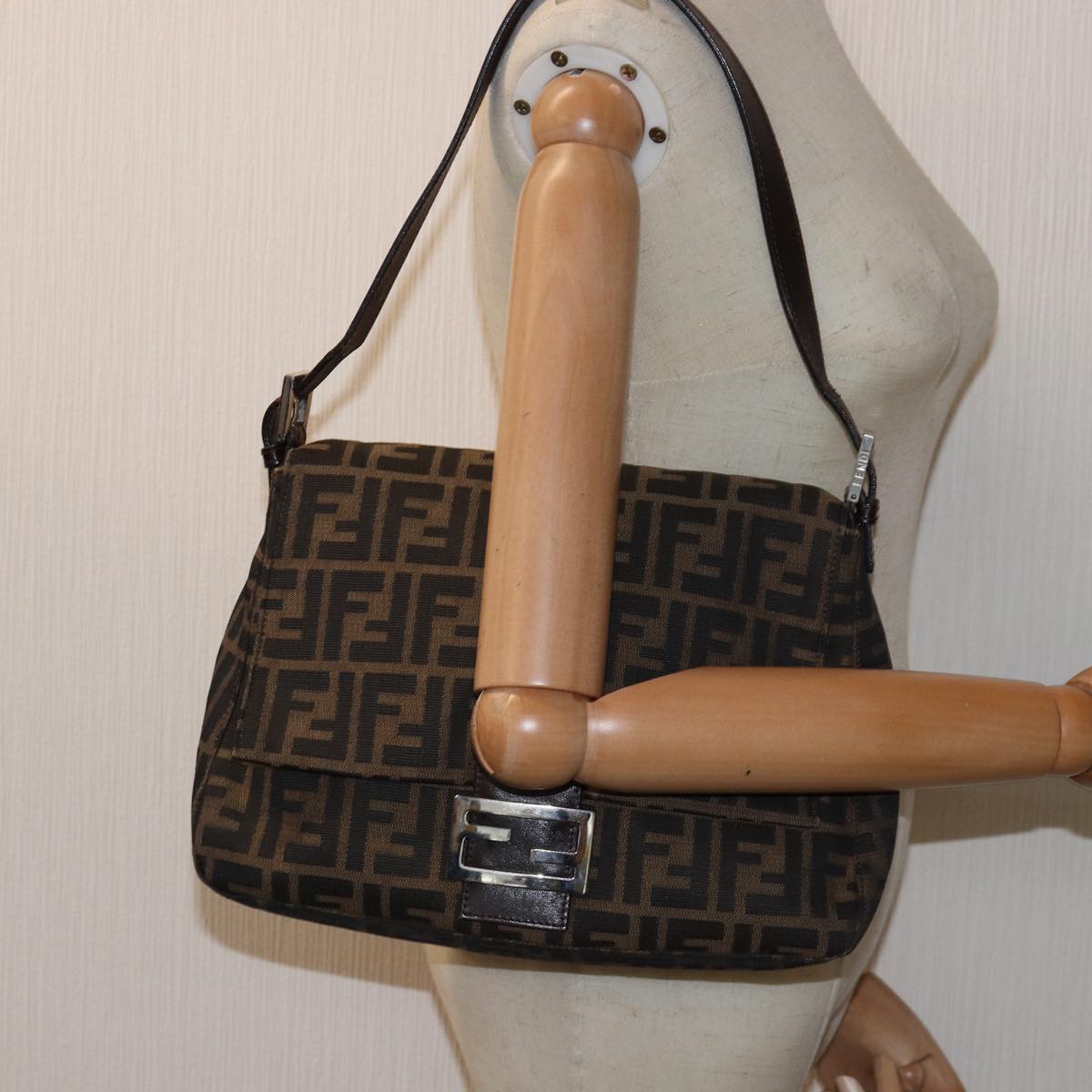 FENDI Zucca Canvas Mamma Baguette Shoulder Bag Black Brown yk12785